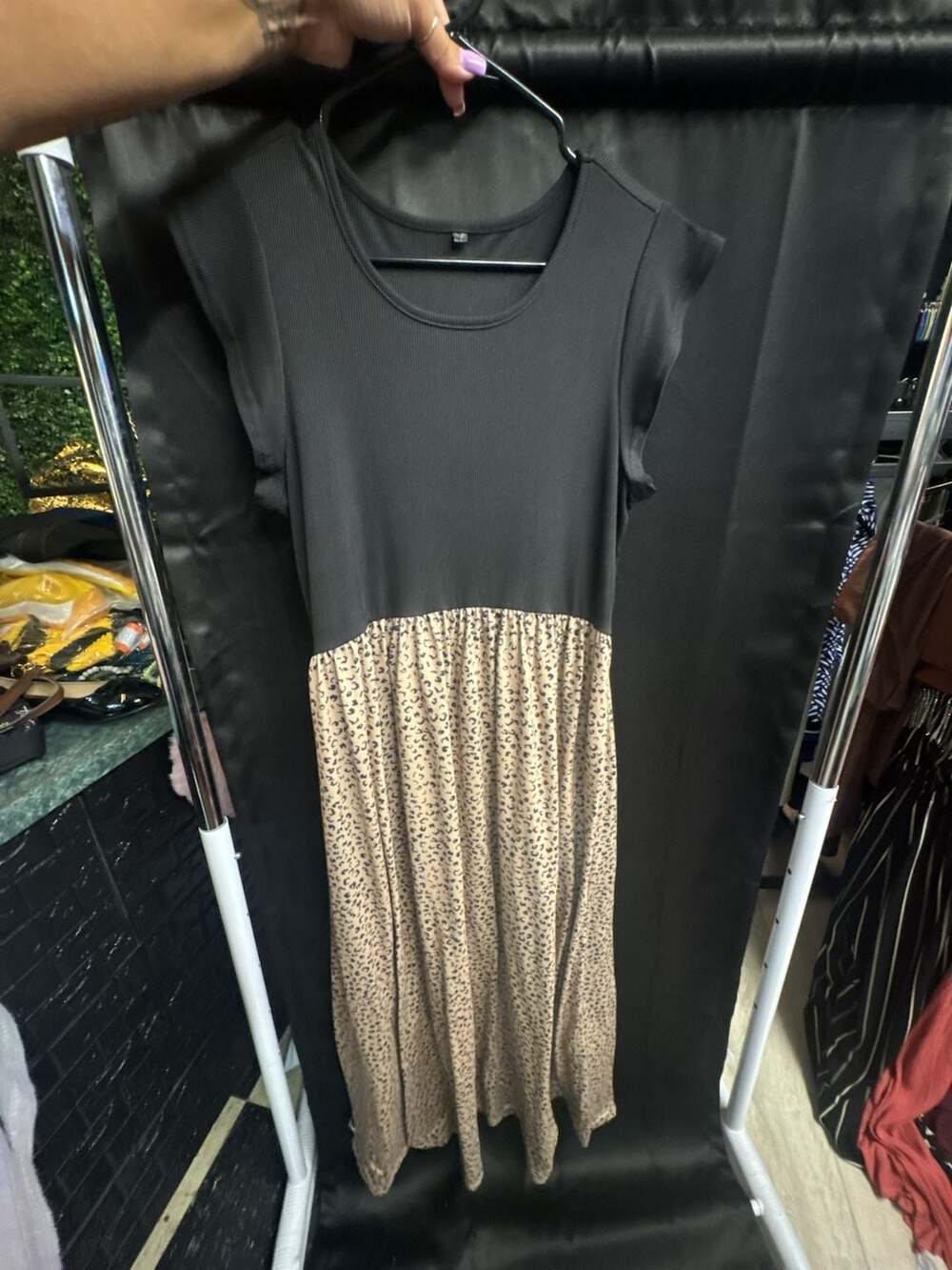 SHEIN LUNE Ribbed Black Bodice Leopard Print Ruffle Sleeve Maxi Dress